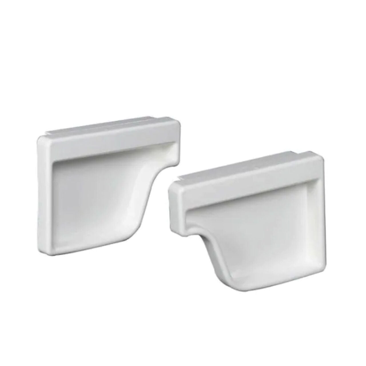 Two Go Build 5 in. White Vinyl K-Style End Caps, rectangular with curved inner edges, are displayed side by side on a plain white background.